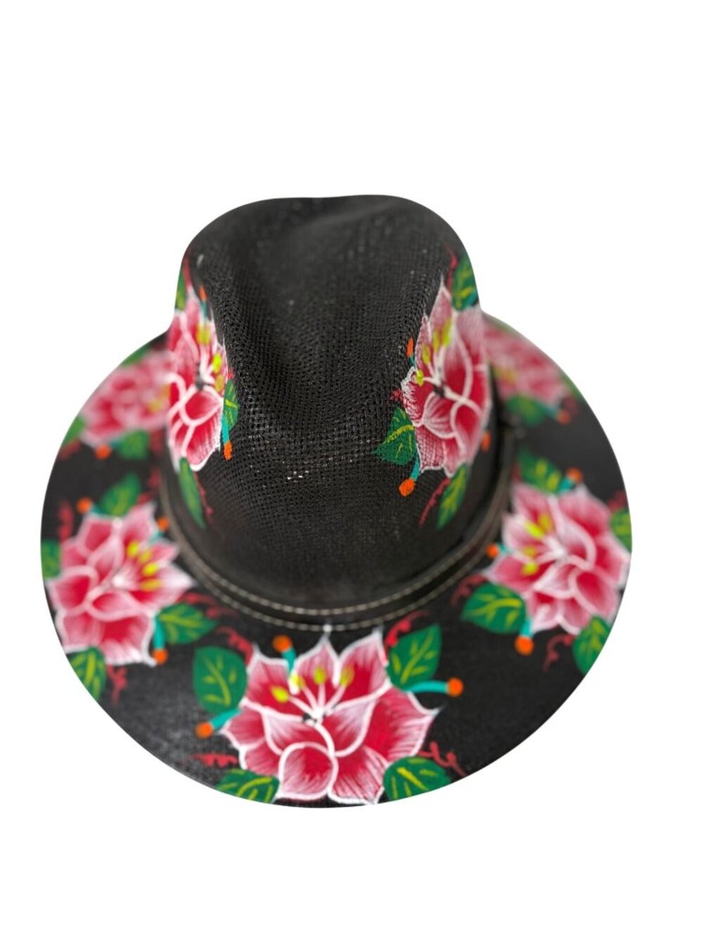 Womens Medium Black Artisan Fedora  Cowgirl hat Black Floral Made In Mexico hand